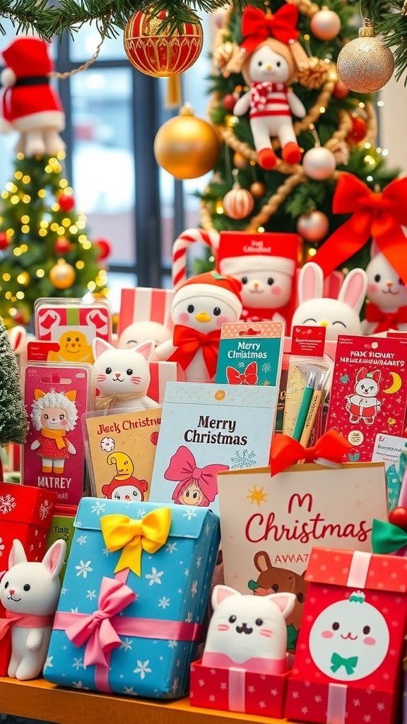 A collection of kawaii Christmas gifts featuring plush toys, stationery, and decorations in a festive setting.